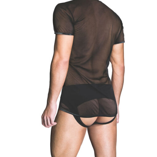 fitted silhouette and visible stitching against a dark studio background.
