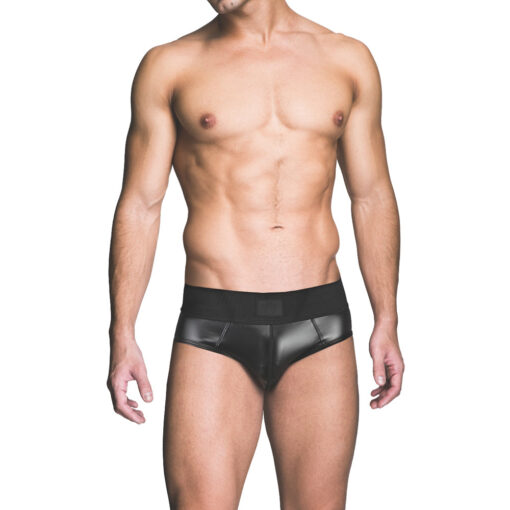 front view showing glossy black fabric and open back design.