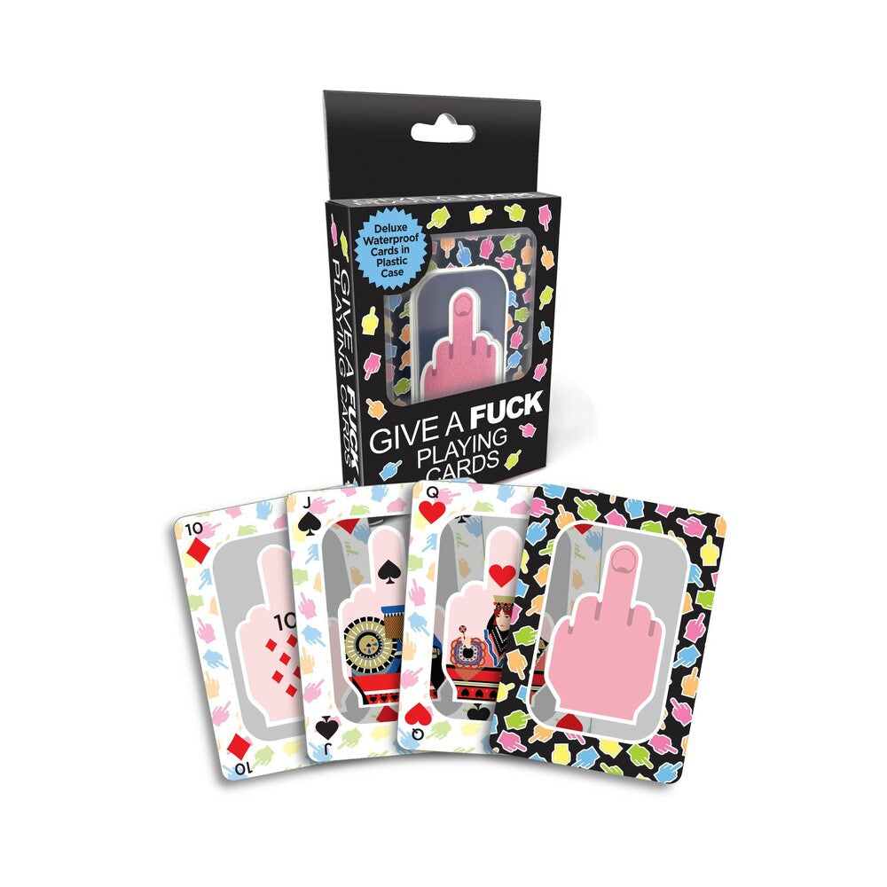 Close-up of FU Middle Finger Waterproof Playing Cards fanned out on a wet bar top