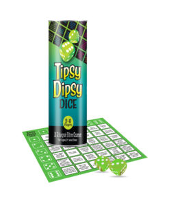 Tipsy Dipsy Dice Game box with two dice and colorful challenge grid mat lying on a table