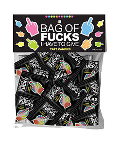 Bag of Fucks I Have to Give bag of 25 candy with colorful gummy middle fingers on a bright party table.