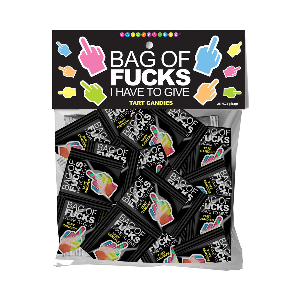 Bag of Fucks I Have to Give bag of 25 candy with colorful gummy middle fingers on a bright party table.