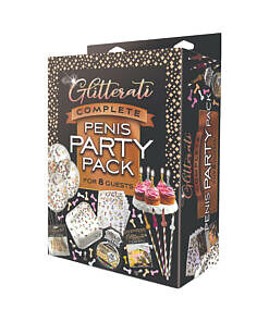 Glitterati Party Pack Penis set featuring glittery pink and gold penis-shaped cups and straws on a festive table.