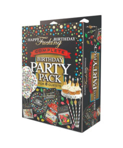 Happy Fucking Birthday Party Pack displayed on a festive table with gold balloons