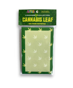 Cannabis Leaf Notepad shaped like a green cannabis leaf with pen on a white desk.