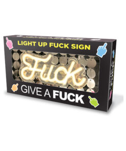 Neon Fuck Light Up Sign by Little Genie glowing on a dark wall with sequin sparkle visible against plexiglass surface