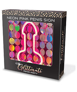 Neon Penis Light Up Sign glowing vibrant pink against a dark wall at a bachelorette party
