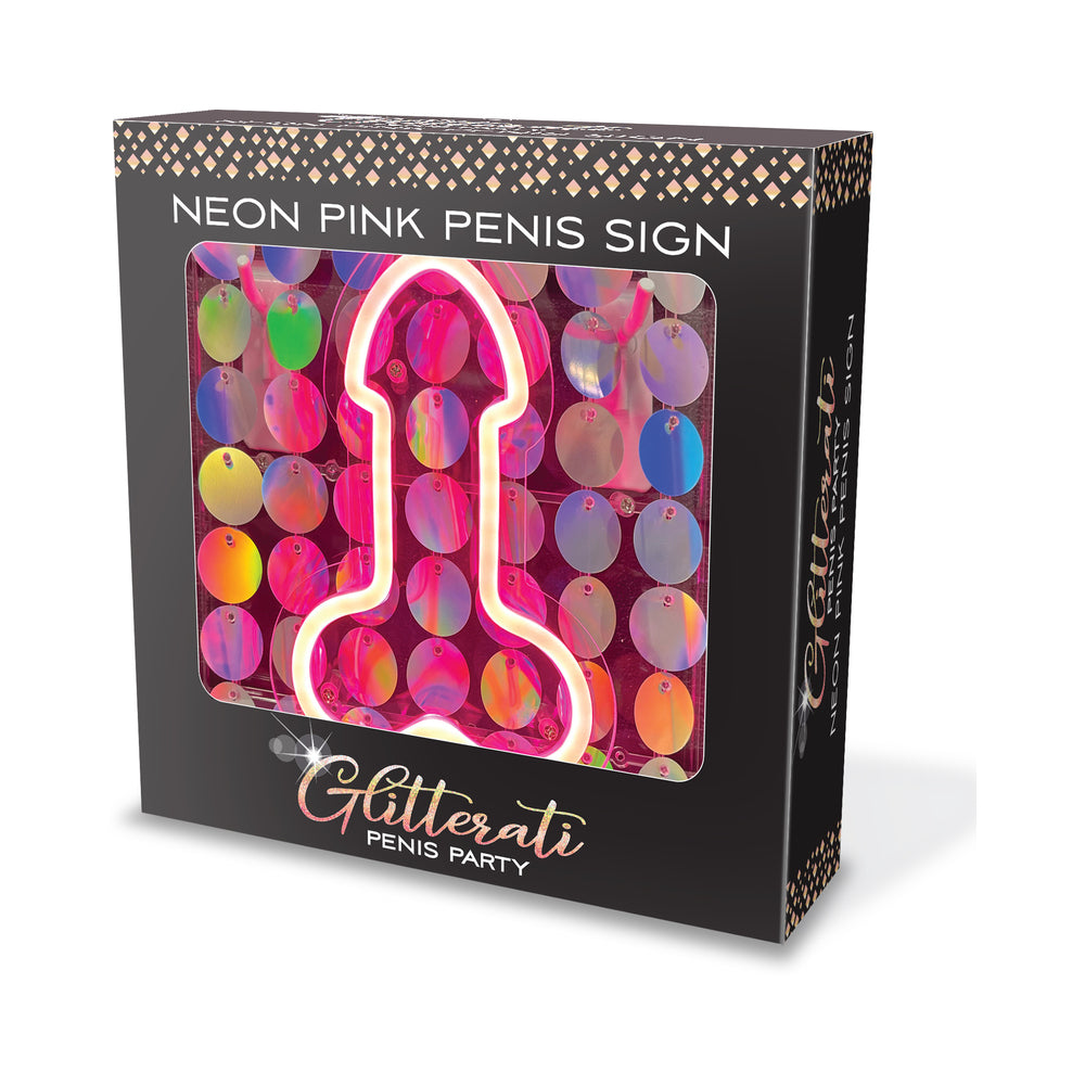 Neon Penis Light Up Sign glowing vibrant pink against a dark wall at a bachelorette party