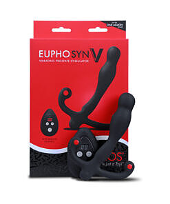 Aneros Eupho Syn V white silicone prostate massager with curved tip and magnetic charging port against a soft gray background.