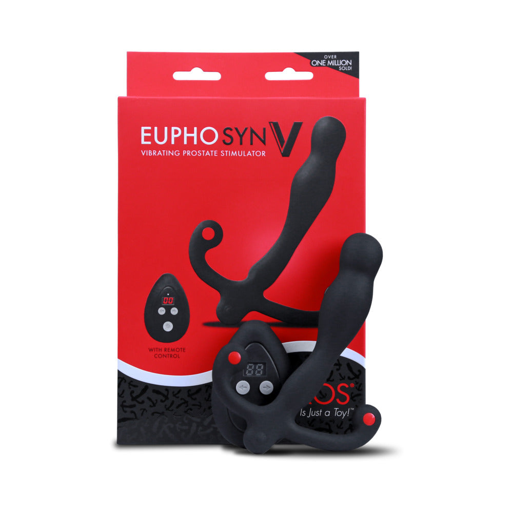 Aneros Eupho Syn V white silicone prostate massager with curved tip and magnetic charging port against a soft gray background.