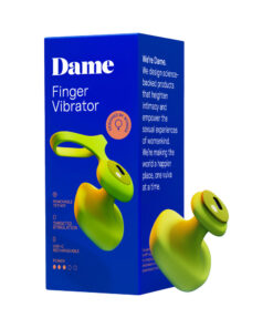 Dame Fin 2.0 Finger Vibrator in citrus yellow silicone held between two fingers against a soft grey background