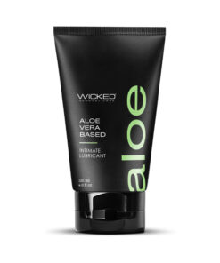 Wicked Aloe Vera Based Lubricant 4 oz clear gel in pump bottle on clean white backdrop with aloe leaf detail