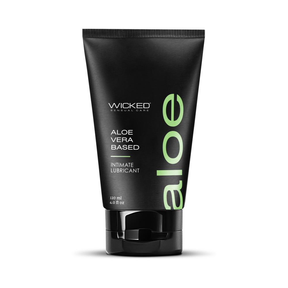 Wicked Aloe Vera Based Lubricant 4 oz clear gel in pump bottle on clean white backdrop with aloe leaf detail