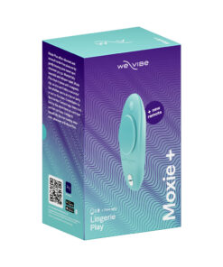 We-Vibe Moxie+ teal wearable vibrator with magnetic clip resting on a white background