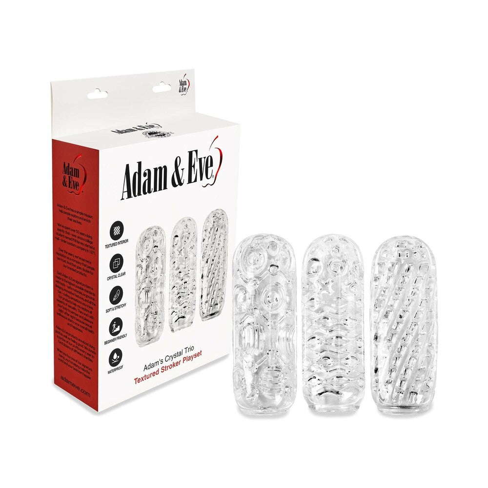 Adam & Eve Adam's Crystal Trio three clear strokers displayed side by side showing off ribbed