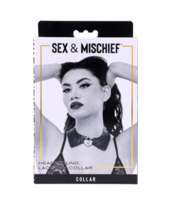 Sportsheets Heartbound Lace Day Collar with lace-etched faux leather and polished heart lock on a neck form.
