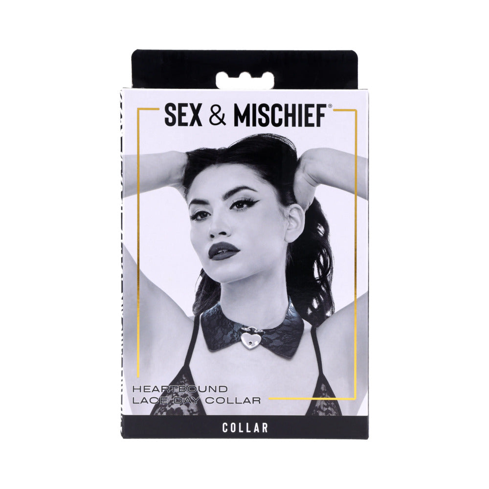 Sportsheets Heartbound Lace Day Collar with lace-etched faux leather and polished heart lock on a neck form.
