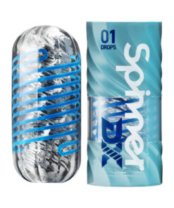 Tenga Spinner DX 01 Drops masturbator showing spiral internal texture and drop-shaped orbs on a white background.