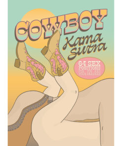 Cowboy Kama Sutra hardcover book with humorous cowboy illustrations open on a table next to a cowboy hat.