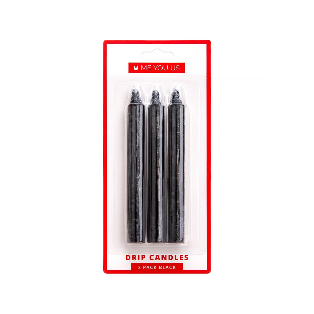 Three black Me You Us Drip Candles 3 Pack Black arranged on a sleek surface