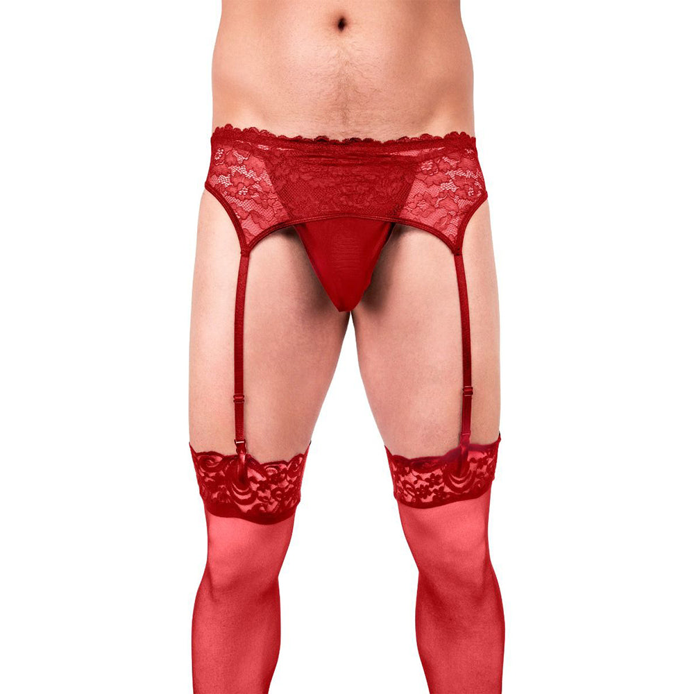 Prowler Lace Garter Set Red L shown on a flat surface displaying adjustable lace straps and metal hardware.
