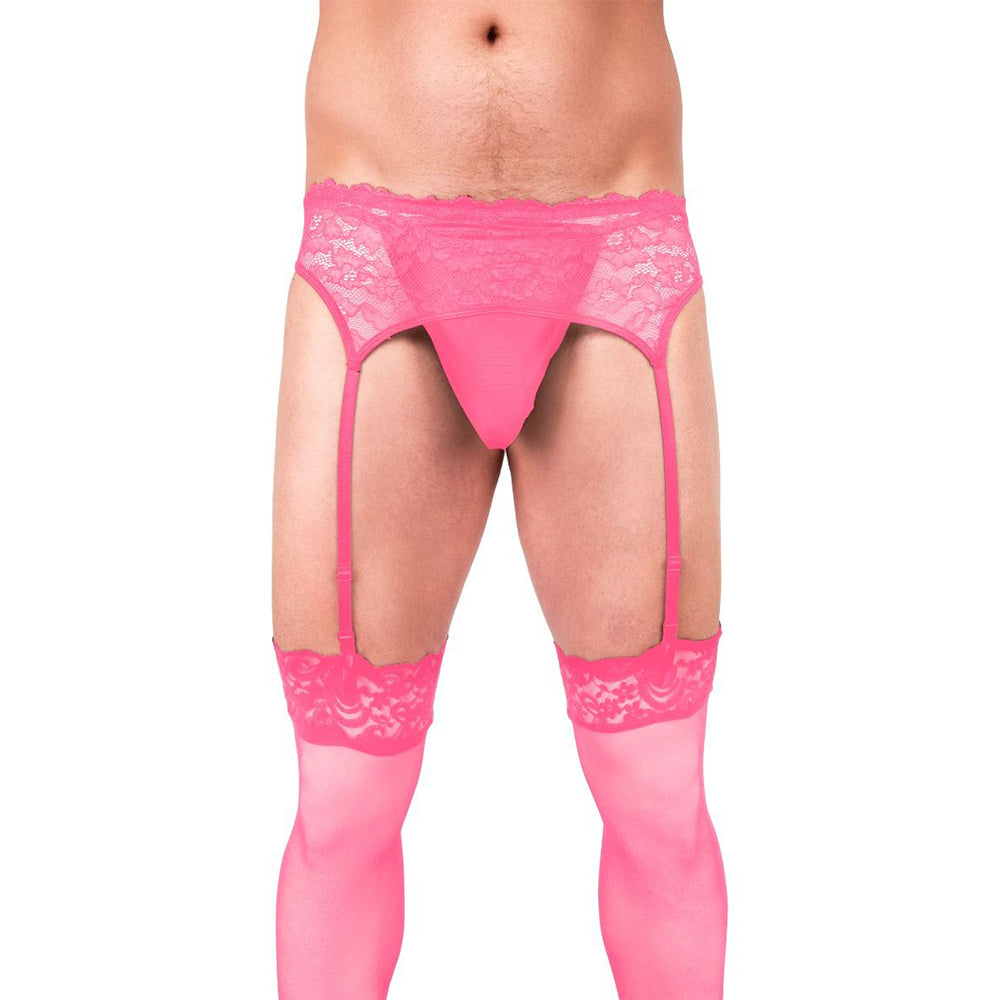 Prowler Lace Garter Set Pink S on a velvet mannequin