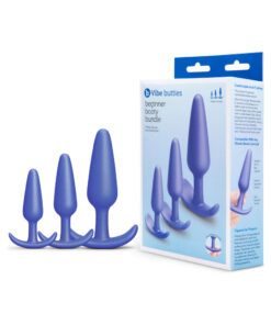 b-Vibe Butties Beginner Booty Bundle three silicone anal plugs small medium large on white surface
