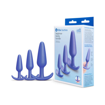 b-Vibe Butties Beginner Booty Bundle three silicone anal plugs small medium large on white surface. Perfect Anal Toy
