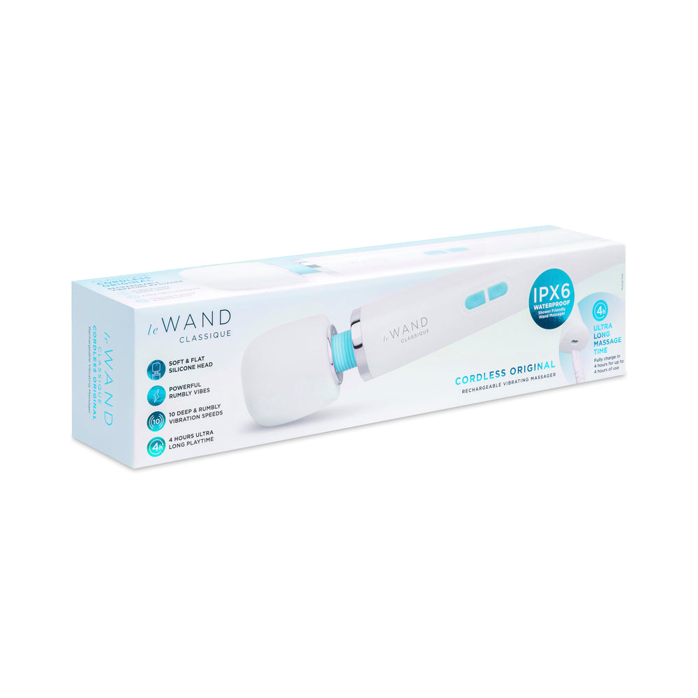 Sleek Le Wand Classique rechargeable wand massager with flexible head and long handle on a white background.