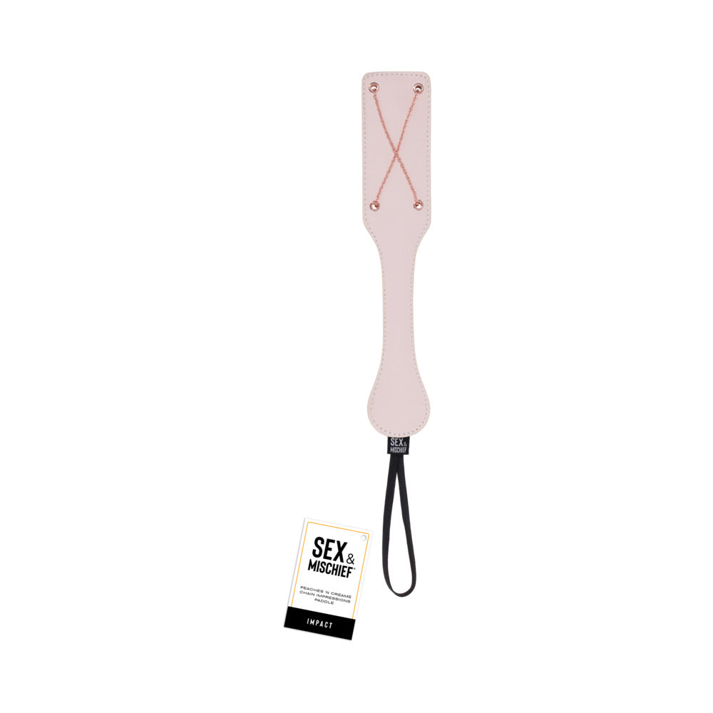Sportsheets Sex & Mischief Peaches 'n CreaMe Chain Impressions Paddle with rose gold chain texture on soft black faux leather
