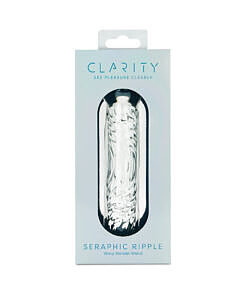 Clarity Seraphic Ripple Glass Dildo with wave-like ridges resting on a satin surface.