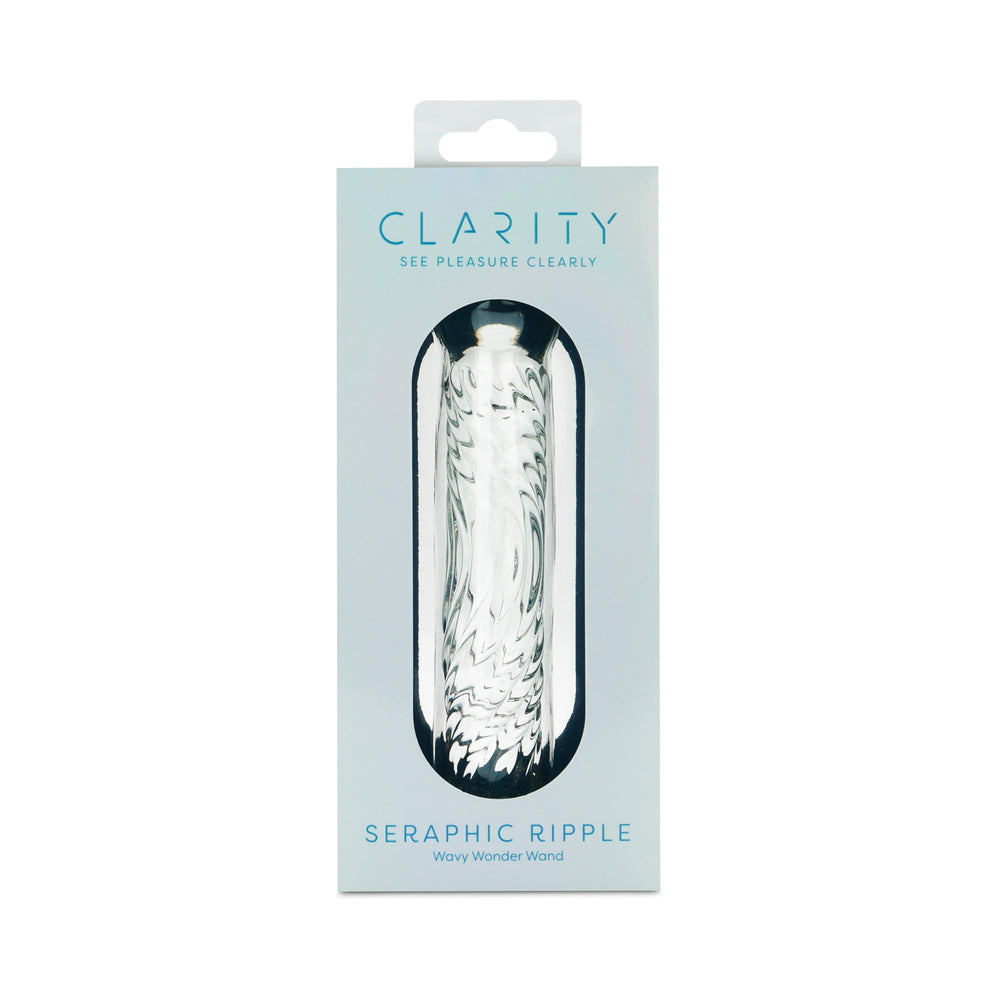 Clarity Seraphic Ripple Glass Dildo with wave-like ridges resting on a satin surface.