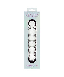 Clarity Hera's Tryst glass dildo with circular handle and smooth clear borosilicate glass shaft on satin background