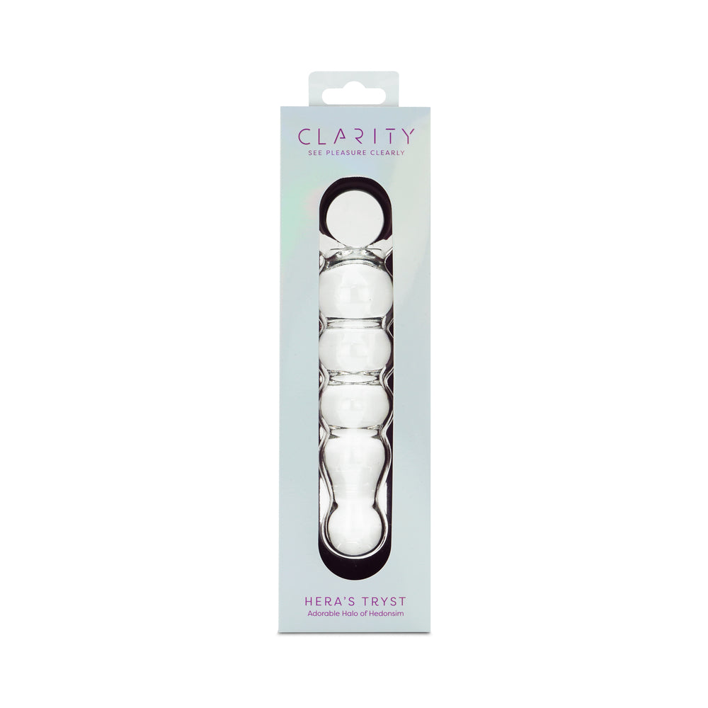Clarity Hera's Tryst glass dildo with circular handle and smooth clear borosilicate glass shaft on satin background