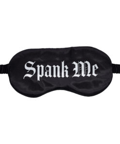 Ouch! Spank Me Printed Mask in satin black with bold white text lettering and elastic strap on a neutral background