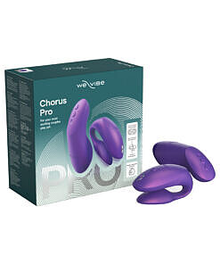 We-Vibe Chorus Pro Cosmic Purple couples vibrator with squeeze remote and charging case on white background