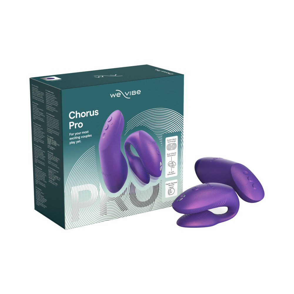 We-Vibe Chorus Pro Cosmic Purple couples vibrator with squeeze remote and charging case on white background