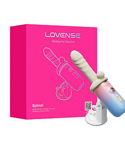 Lovense Spinel app-controlled thrusting dildo with interchangeable attachments and silicone body on white background