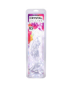 Crystal Jellies Invader 8.5 inch Clear Dildo with suction cup base and fantasy textured shaft for hands-free play.