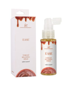 Doc Johnson Ease Throat Relaxing Spray Salted Caramel 2 oz bottle on a bedside table