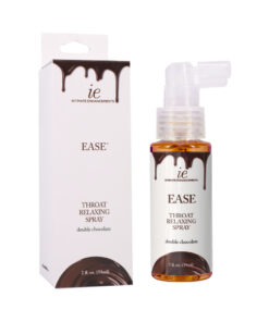 Doc Johnson Ease Throat Relaxing Spray 2oz bottle held against a dark background with chocolate drizzle