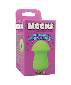 Mochi ULTRASKYN Mini Stroker Green - compact king mushroom-shaped male stroker with extra-tight textured interior and body-safe material on white background.