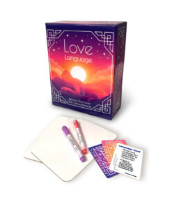 Love Language Couples Game card deck with colorful prompts and a sand timer on a softly lit table.