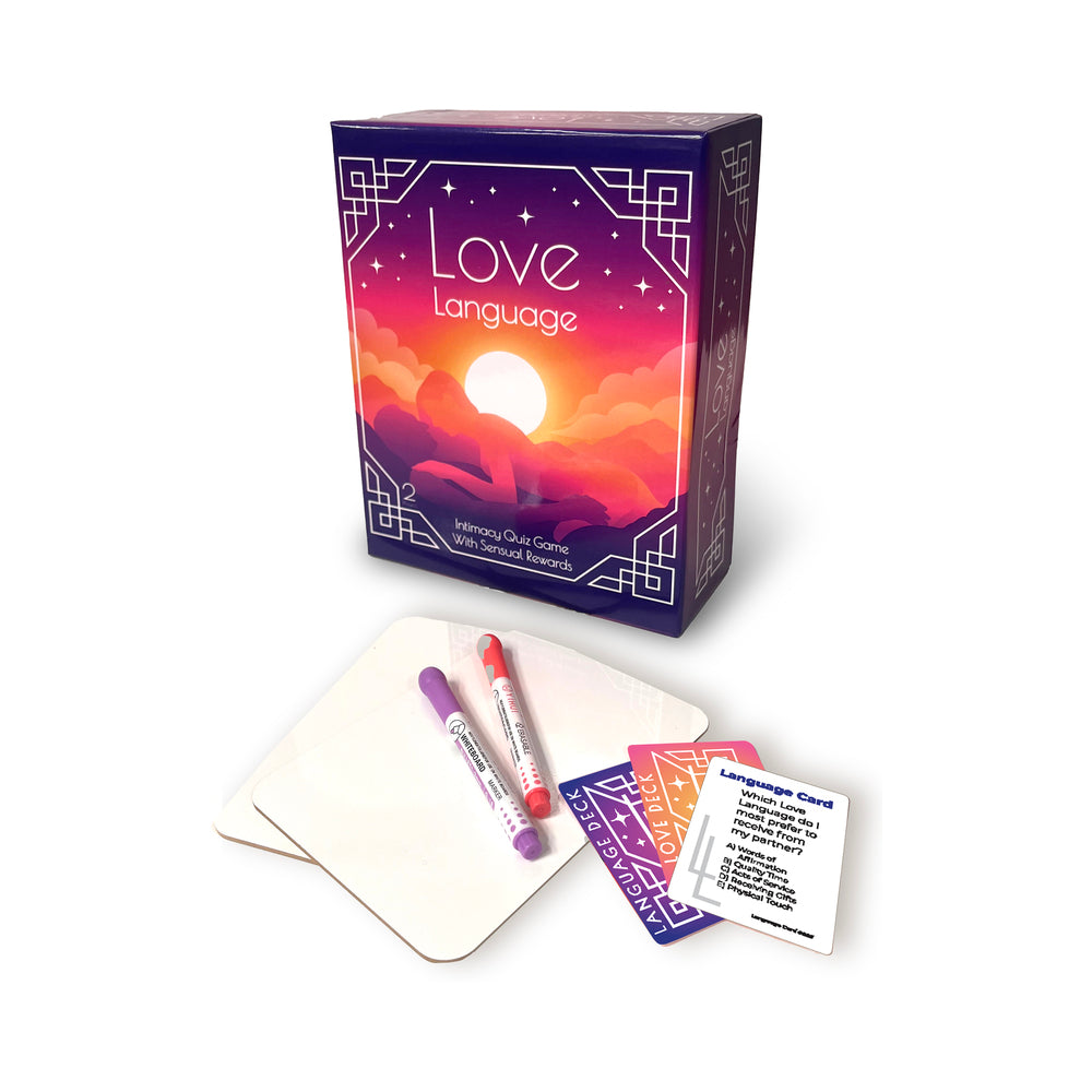 Love Language Couples Game card deck with colorful prompts and a sand timer on a softly lit table.