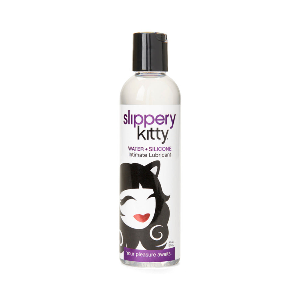 Slick bottle of Slippery Kitty Hybrid Lubricant 4 oz with a clean