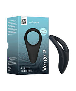 We-Vibe Verge 2 black vibrating cock ring shown encircling penis and testicles with perineum stimulator arm