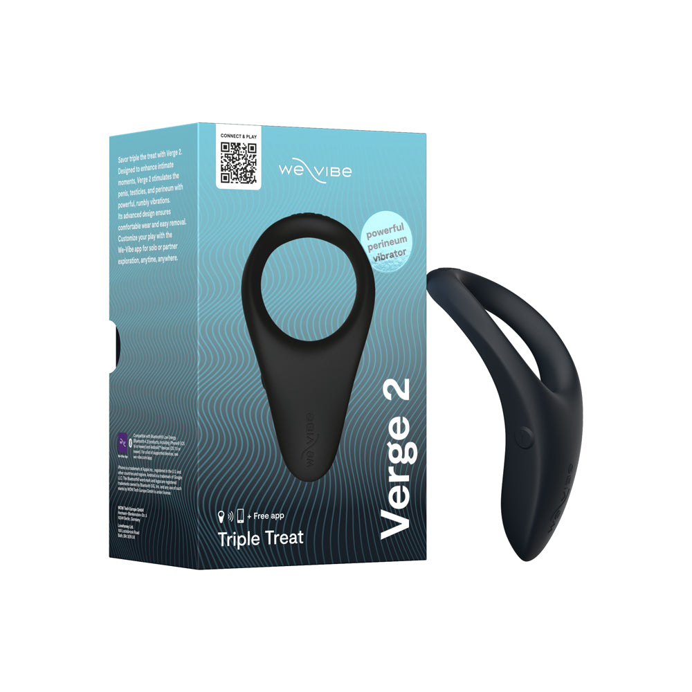 We-Vibe Verge 2 black vibrating cock ring shown encircling penis and testicles with perineum stimulator arm