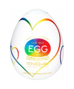 Tenga Egg Lovers Pride Edition featuring rainbow Pride stripes and wavy internal texture on a white background.