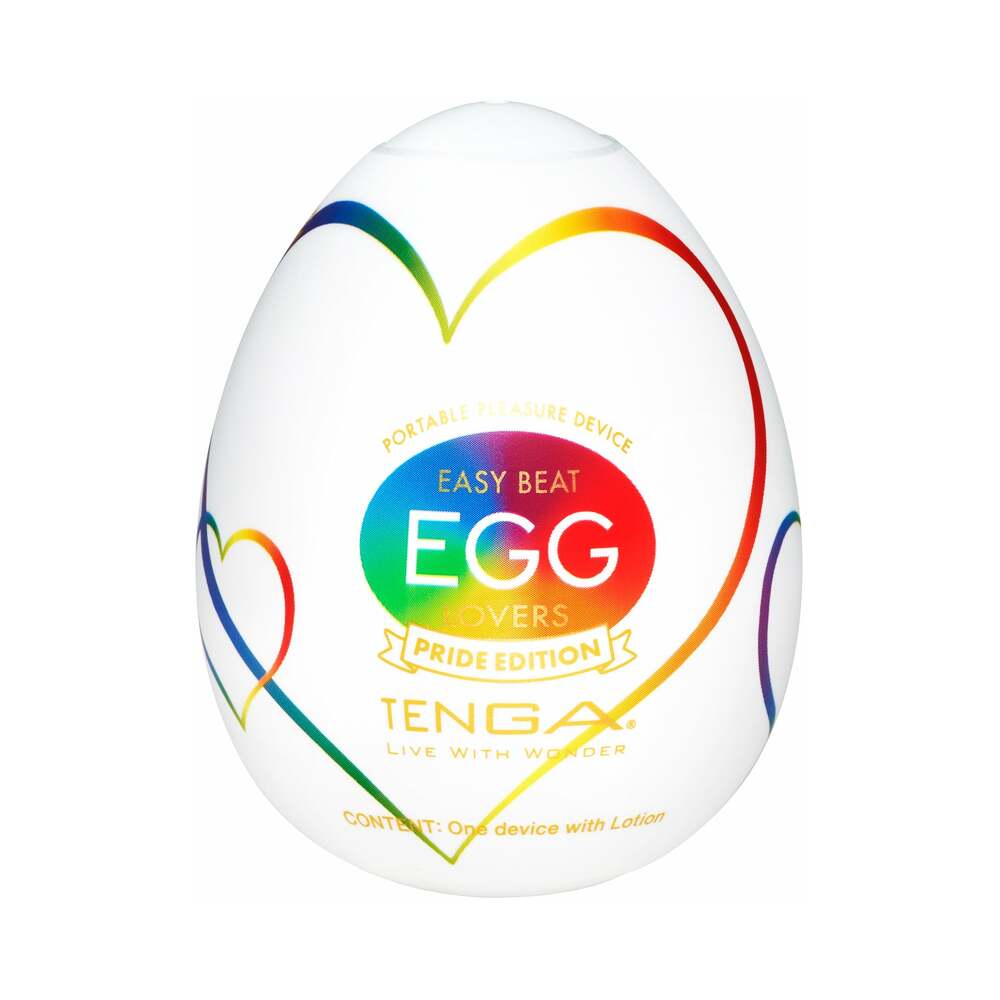 Tenga Egg Lovers Pride Edition featuring rainbow Pride stripes and wavy internal texture on a white background.