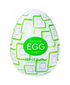 Tenga Egg Cubic disposable stroker with overlapping cube texture on a white background